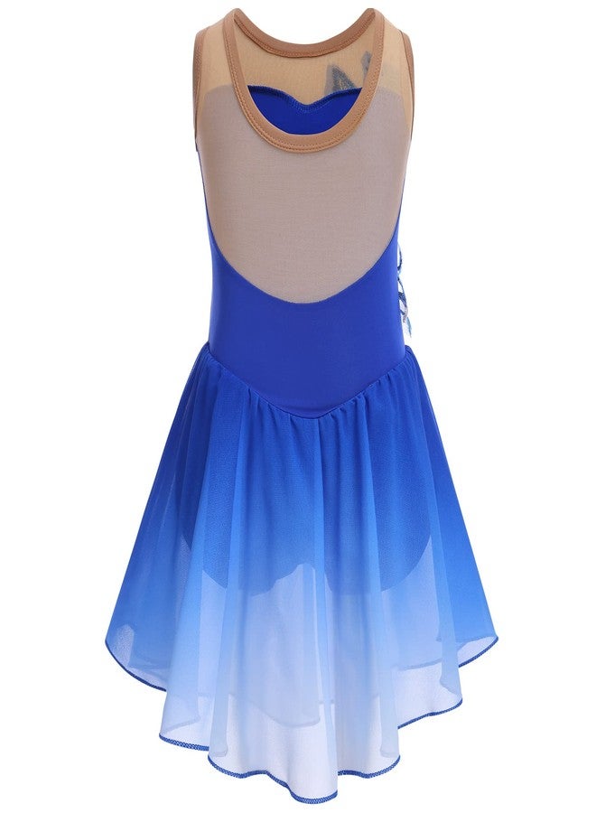 AFAVOM Figure Skating Dress for Girls Sequin Flower Mesh Ice Skating Dress Ballet Dance Leotard Dress Chiffon Skirted Ballerina Dancewear for Competition Stage Performance Costume Royal Blue 9-10 Years - Image 2
